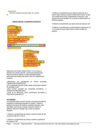 muestra frase
       [El número de granos que ganó Sessa es ] :granos                3. Elaborar un procedimiento que le reporte al electricista de un
fin                                                                    edificio recién construido cuantos bombillos debe comprar. Se sabe
                                                                       que el edificio tiene 8 pisos, 8 apartamento en cada piso y cada
                                                                       apartamento tiene 8 bombillos. En la solución se debe emplear una
                                                                       estructura repetitiva.
            TRADUCCIÓN DEL ALGORITMO EN SCRATCH
                                                                       4. Elaborar un procedimiento que calcule el área de cualquier cubo.

                                                                       5. Elaborar un procedimiento que dibuje polígonos regulares de 5, 6,
                                                                       7, 8 y 9 lados. El usuario debe indicar el número de lados del
                                                                       polígono.




Nótese que como Scratch (hasta la versión 1.4) no incluye un
operador para calcular potencias, una forma de solucionar esta
situación consiste en elaborar un subprocedimiento llamado
potenciación para realizar este cálculo a partir de multiplicaciones
sucesivas.

¿Obtuvieron los estudiantes el mismo resultado
(18446744073709551615)?
¿El computador también tardó varias horas para calcular
el resultado final?
¿Qué función cumplen los comandos bnombres y
nombres en MicroMundos?
¿Cuál es la diferencia entre crecimiento aritmético y
crecimiento geométrico?


ACTIVIDADES
Los estudiantes deben encontrar solución a los siguientes problemas
empleando la metodología expuesta en la Unidad 1: Analizar el
problema (formulación del problema, resultados esperados, datos
disponibles, restricciones y procesos necesarios), diseñar el
algoritmo, traducirlo al lenguaje Logo y probar el programa
resultante.

1. Elaborar un procedimiento que calcule y muestre las áreas de 100
círculos con radio de 1 a 100 cm.

2. Elaborar un procedimiento que calcule y muestre el cuadrado de
los números 1 a 90.
Pág.57 - 9-nov-09 - Segunda Edición - Descargue gratuitamente esta Guía: http://www.eduteka.org/GuiaAlgoritmos.php
 