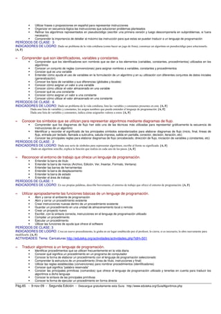 Utilizar frases o proposiciones en español para representar instrucciones
                Organizar en secuencia lógica las instrucciones que solucionan problemas planteados
                Refinar los algoritmos representados en pseudocódigo (escribir una primera versión y luego descomponerla en subproblemas, si fuera
                necesario)
                Comprender la importancia de detallar al máximo las instrucción para que estas se puedan traducir a un lenguaje de programación
PERÍODOS DE CLASE: 3
INDICADORES DE LOGRO: Dado un problema de la vida cotidiana (como hacer un jugo de fruta), construye un algoritmo en pseudocódigo para solucionarlo.
[A, F]

≈    Comprender qué son identificadores, variables y constantes.
                Comprender que los identificadores son nombres que se dan a los elementos (variables, constantes, procedimientos) utilizados en los
                algoritmos
                Conocer un conjunto de reglas (convenciones) para asignar nombres a variables, constantes y procedimientos
                Conocer qué es una variable
                Entender cómo ayuda el uso de variables en la formulación de un algoritmo y en su utilización con diferentes conjuntos de datos iniciales
                (generalización)
                Conocer los tipos de variables y sus diferencias (globales y locales)
                Conocer cómo asignar un valor a una variable
                Conocer cómo utilizar el valor almacenado en una variable
                Conocer qué es una constante
                Conocer cómo asignar un valor a una constante
                Conocer cómo utilizar el valor almacenado en una constante
PERÍODOS DE CLASE: 6
INDICADORES DE LOGRO: Dado un problema de la vida cotidiana, lista las variables y constantes presentes en este. [A, F]
             Dada una lista de variables y constantes, les asigna nombres que pueda entender el lenguaje de programación. [A, F]
             Dada una lista de variables y constantes, indica cómo asignarles valores a estos. [A, F]


≈    Conocer los símbolos que se utilizan para representar algoritmos mediante diagramas de flujo.
                Comprender que los diagramas de flujo han sido una de las técnicas más utilizadas para representar gráficamente la secuencia de
                instrucciones de un algoritmo
                Identificar y recordar el significado de los principales símbolos estandarizados para elaborar diagramas de flujo (inicio, final, líneas de
                flujo, entrada por teclado, llamada a subrutina, saluda impresa, salida en pantalla, conector, decisión, iteración, etc)
                Conocer las principales reglas para elaborar diagramas de flujo (encabezado, dirección de flujo, iniciación de variables y constantes, etc)
PERÍODOS DE CLASE: 2
INDICADORES DE LOGRO: Dada una serie de símbolos para representar algoritmos, escribe al frente su significado. [A, F]
             Dado un algoritmo sencillo, explica la función que realiza en cada uno de los pasos. [A, F]

≈    Reconocer el entorno de trabajo que ofrece un lenguaje de programación.
                Entender la barra de título
                Entender la barra de menús (Archivo, Edición, Ver, Insertar, Formato, Ventana)
                Entender las barras de herramientas
                Entender la barra de desplazamiento
                Entender la barra de estado
                Entender el área de trabajo
PERÍODOS DE CLASE: 1
INDICADORES DE LOGRO: En sus propias palabras, describe brevemente, el entorno de trabajo que ofrece el entorno de programación. [A, F]

≈    Utilizar apropiadamente las funciones básicas de un lenguaje de programación.
                Abrir y cerrar el ambiente de programación
                Abrir y cerrar un procedimiento existente
                Crear instrucciones nuevas dentro de un procedimiento existente
                Guardar un procedimiento en una unidad de almacenamiento local o remota
                Crear un proyecto nuevo
                Escribir, con la sintaxis correcta, instrucciones en el lenguaje de programación utilizado
                Compilar un procedimiento
                Ejecutar un procedimiento
                Utilizar las funciones de ayuda que ofrece el software
PERÍODOS DE CLASE: 3
INDICADORES DE LOGRO: Crea un nuevo procedimiento, lo graba en un lugar establecido por el profesor, lo cierra; si es necesario, lo abre nuevamente para
modificarlo. [A, F]
ACTIVIDADES: Tema: Caricaturas http://eduteka.org/actividades/actividades.php?idH=501

≈    Traducir algoritmos a un lenguaje de programación.
                Identificar procedimientos que se utilicen frecuentemente en la vida diaria
                Conocer qué significa un procedimiento en un programa de computador
                Conocer la forma de elaborar un procedimiento con el lenguaje de programación seleccionado
                Comprender la estructura de un procedimiento (línea de título, instrucciones y final)
                Utilizar las reglas establecidas (convenciones) para nombrar procedimientos (identificadores)
                Conocer qué significa “palabra reservada”
                Conocer las principales primitivas (comandos) que ofrece el lenguaje de programación utilizado y tenerlas en cuenta para traducir los
                algoritmos a dicho lenguaje
                Conocer la sintaxis de las principales primitivas
                Conocer la forma de ejecutar un procedimiento en forma directa
Pág.85 - 9-nov-09 - Segunda Edición - Descargue gratuitamente esta Guía: http://www.eduteka.org/GuiaAlgoritmos.php
 