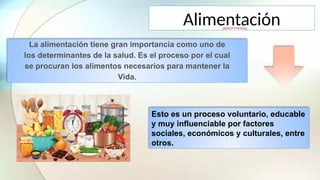 Alimentación
La alimentación tiene gran importancia como uno de
los determinantes de la salud. Es el proceso por el cual
se procuran los alimentos necesarios para mantener la
Vida.
Esto es un proceso voluntario, educable
y muy influenciable por factores
sociales, económicos y culturales, entre
otros.
 