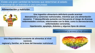 Existe una gran cantidad de factores que determinan el estado
nutricional de un individuo o una comunidad.
Una ingestión alimentaria deficitaria puede acarrear
desnutrición y carencias nutricionales, mientras que una alimentación
excesiva Y desequilibrada aumenta con frecuencia el riesgo de diversas
enfermedades crónicas, relacionadas con la dieta, como la ateroesclerosis,
enfermedades coronarias,
hipertensión, apoplejía, diabetes y algunos tipos de cáncer.
Alimentación y nutrición
Una disponibilidad constante de alimentos al nivel
nacional,
regional y familiar, es la base del bienestar nutricional.
Disponibilidad y acceso a los alimentos
 