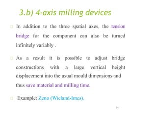 3.b) 4-axis milling devices
54
In addition to the three spatial axes, the tension
bridge for the component can also be turned
infinitely variably .
As a result it is possible to adjust
constructions with a large vertical
bridge
height
displacement into the usual mould dimensions and
thus save material and milling time.
Example: Zeno (Wieland-Imes).
 