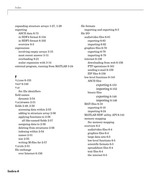 Index
Index-8
expanding structure arrays 1-27, 1-29
exporting
ASCII data 6-73
in HDF4 format 6-134
in HDF5 format 6-102
overview 6-3
expressions
involving empty arrays 3-15
most recent answer 3-11
overloading 8-21
scalar expansion with 3-14
external program, running from MATLAB 3-24
F
fclose 6-155
feof 6-148
fid
See file identifiers
field names
dynamic 2-54
fieldnames 2-51
fields 2-49, 2-50
accessing data within 2-53
adding to structure array 2-56
applying functions to 2-56
all like-named fields 2-57
assigning data to 2-50
deleting from structures 2-56
indexing within 2-54
names 2-51
size 2-55
writing M-files for 2-57
fields 2-51
file exchange
over Internet 6-156
file formats
importing and exporting 6-3
file I/O
audio/video files 6-81
exporting 6-83
importing 6-82
graphics files 6-78
exporting 6-79
importing 6-79
internet 6-156
downloading from web 6-156
FTP operations 6-161
sending e-mail 6-159
ZIP files 6-158
low-level functions 6-143
ASCII files
exporting 6-153
importing 6-152
binary files
exporting 6-148
importing 6-146
MAT-files 6-18
exporting 6-18
importing 6-24
MATLAB HDF utility API 6-141
memory mapping
See memory mapping
overview 6-3
audio/video files 6-4
graphics files 6-4
large data sets 6-5
low-level functions 6-5
scientific formats 6-5
spreadsheet files 6-4
text files 6-4
the internet 6-5
 