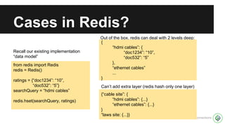 OpenSource Connections
Cases in Redis?
from redis import Redis
redis = Redis()
ratings = {“doc1234”: “10”,
“doc532”: “5”}
searchQuery = “hdmi cables”
redis.hset(searchQuery, ratings)
Recall our existing implementation
“data model”
Out of the box, redis can deal with 2 levels deep:
{
“hdmi cables”: {
“doc1234”: “10”,
“doc532”: “5”
},
“ethernet cables”
...
}
Can’t add extra layer (redis hash only one layer)
{“cable site”: {
“hdmi cables”: {...}
“ethernet cables”: {...}
}
“laws site: {...}}
 