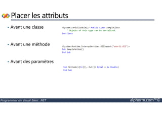 Placer les attributs 
• Avant une classe 
• Avant une méthode 
• Avant des paramètres 
Programmer en Visual Basic .NET alphorm.com™© 
 
