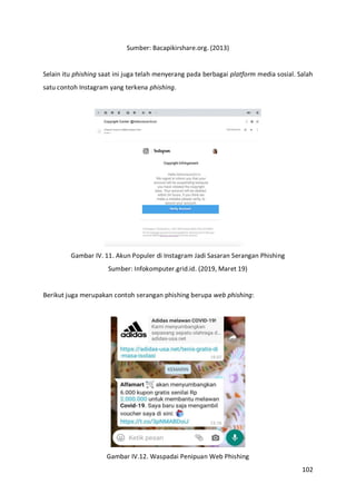 102
Sumber: Bacapikirshare.org. (2013)
Selain itu phishing saat ini juga telah menyerang pada berbagai platform media sosial. Salah
satu contoh Instagram yang terkena phishing.
Gambar IV. 11. Akun Populer di Instagram Jadi Sasaran Serangan Phishing
Sumber: Infokomputer.grid.id. (2019, Maret 19)
Berikut juga merupakan contoh serangan phishing berupa web phishing:
Gambar IV.12. Waspadai Penipuan Web Phishing
 