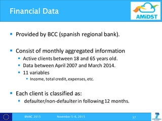 Financial Data
§ Provided	by	BCC	(spanish regional	bank).
§ Consist	of	monthly	aggregated	information
§ Active	clients	between	18	and	65	years	old.
§ Data	between	April	2007	and	March	2014.
§ 11	variables
§ Income,	total	credit,	expenses,	etc.
§ Each	client	is	classified	as:
§ defaulter/non-defaulter	in	following	12	months.
37BNAIC 2015 November 5-6, 2015
 