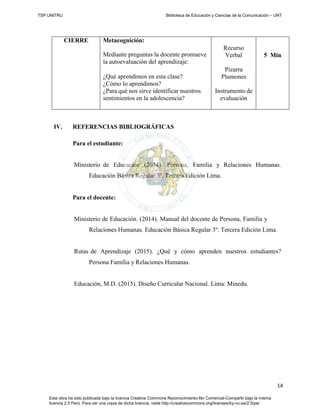 TSP UNITRU Biblioteca de Educación y Ciencias de la Comunicación – UNT
14
Esta obra ha sido publicada bajo la licencia Creative Commons Reconocimiento-No Comercial-Compartir bajo la misma
licencia 2.5 Perú. Para ver una copia de dicha licencia, visite http://creativecommons.org/licenses/by-nc-sa/2.5/pe/
CIERRE Metacognición:
Mediante preguntas la docente promueve
la autoevaluación del aprendizaje:
Recurso
Verbal 5 Min
¿Qué aprendimos en esta clase?
¿Cómo lo aprendimos?
¿Para qué nos sirve identificar nuestros
sentimientos en la adolescencia?
Pizarra
Plumones
Instrumento de
evaluación
IV. REFERENCIAS BIBLIOGRÁFICAS
Para el estudiante:
Ministerio de Educación (2014). Persona, Familia y Relaciones Humanas.
Educación Básica Regular 3º. Tercera Edición Lima.
Para el docente:
Ministerio de Educación. (2014). Manual del docente de Persona, Familia y
Relaciones Humanas. Educación Básica Regular 3º. Tercera Edición Lima.
Rutas de Aprendizaje (2015). ¿Qué y cómo aprenden nuestros estudiantes?
Persona Familia y Relaciones Humanas.
Educación, M.D. (2015). Diseño Curricular Nacional. Lima: Minedu.
 