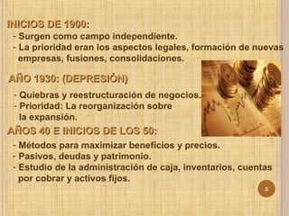 INICIOS DE 1900:INICIOS DE 1900:
- Surgen como campo independiente.
- La prioridad eran los aspectos legales, formación de nuevas
empresas, fusiones, consolidaciones.
AÑO 1930: (DEPRESIÓN)AÑO 1930: (DEPRESIÓN)
- Quiebras y reestructuración de negocios.
- Prioridad: La reorganización sobre
la expansión.
AÑOS 40 E INICIOS DE LOS 50:AÑOS 40 E INICIOS DE LOS 50:
- Métodos para maximizar beneficios y precios.
- Pasivos, deudas y patrimonio.
- Estudio de la administración de caja, inventarios, cuentas
por cobrar y activos fijos.
31/01/15
5
CPC.W.ELVISBARDALESC.
 