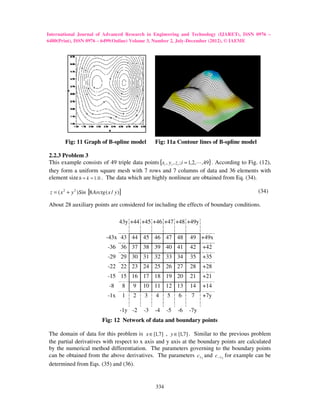 International Journal of Advanced Research in Engineering and Technology (IJARET), ISSN 0976 –
6480(Print), ISSN 0976 – 6499(Online) Volume 3, Number 2, July-December (2012), © IAEME
                                                          July December




         Fig: 11 Graph of B-spline model
                            spline                       Fig: 11a Contour lines of B-spline model
                                                                                   B spline

2.2.3 Problem 3
This example consists of 49 triple data points {xi , y i , z i ; i = 1,2,L,49} . According to Fig. (12),
they form a uniform square mesh with 7 rows and 7 columns of data and 36 elements with
element size h = k = 1.0 . The data which are highly nonlinear are obtained from Eq. (34).

 z = ( x 2 + y 2 )Sin [8 Arctg ( x / y )]                                                           (34)

About 28 auxiliary points are considered for including the effects of boundary conditions.

                                       43y +44 +45 +46 +47 +48 +49y

                                -43x 43 44 45 46 47 48                   49 +49x
                                 -36 36 37 38 39 40 41                   42    +42
                                 -29 29 30 31 32 33 34                   35    +35
                                 -22 22 23 24 25 26 27                   28    +28
                                 -15 15 16 17 18 19 20                   21    +21
                                  -8        8   9   10 11 12 13          14    +14
                                 -1x        1   2   3    4     5    6    7     +7y

                                        -1y -2
                                         1y         -3   -4    -5   -6   -7y
                              Fig: 12 Network of data and boundary points

The domain of data for this problem is x ∈ [1,7] , y ∈ [1,7] . Similar to the previous problem
the partial derivatives with respect to x axis and y axis at the boundary points are calculated
by the numerical method differentiation. The parameters governing to the boundary points
can be obtained from the above deri
                                  derivatives. The parameters c7 x and c −7 y for example can be
determined from Eqs. (35) and (36).


                                                         334
 