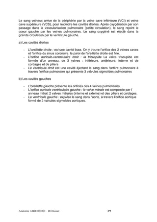 Le sang veineux arrive de la périphérie par la veine cave inférieure (VCI) et veine
cave supérieure (VCS), pour rejoindre les cavités droites. Après oxygénation par son
passage dans la vascularisation pulmonaire (petite circulation), le sang rejoint le
coeur gauche par les veines pulmonaires. Le sang oxygéné est éjecté dans la
grande circulation par le ventricule gauche.

a) Les cavités droites

   -   L'oreillette droite : est une cavité lisse. On y trouve l'orifice des 2 veines caves
       et l'orifice du sinus coronaire. la paroi de l'oreillette droite est fine.
   -   L'orifice auriculo-ventriculaire droit : la tricuspide La valve triscupide est
       formée d'un anneau, de 3 valves : inférieure, antérieure, interne et de
       cordages et de piliers
   -   Le ventricule droit est une cavité éjectant le sang dans l'artère pulmonaire à
       travers l'orifice pulmonaire qui présente 3 valvules sigmoïdes pulmonaires

b) Les cavités gauches

   -   L'oreillette gauche présente les orifices des 4 veines pulmonaires.
   -   L'orifice auriculo-ventriculaire gauche : la valve mitrale est composée par l’
       anneau mitral, 2 valves mitrales (interne et externe) et des piliers et cordages.
   -   Le ventricule gauche : expulse le sang dans l'aorte, à travers l'orifice aortique
       formé de 3 valvules sigmoïdes aortiques.




Anatomie IADE 061004 Dr Dassier                                    3/9
 