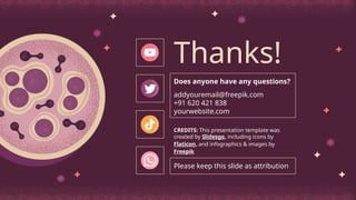 CREDITS: This presentation template was
created by Slidesgo, including icons by
Flaticon, and infographics & images by
Freepik
Thanks!
Does anyone have any questions?
addyouremail@freepik.com
+91 620 421 838
yourwebsite.com
Please keep this slide as attribution
 