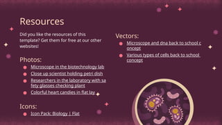Resources
Did you like the resources of this
template? Get them for free at our other
websites!
Photos:
● Microscope in the biotechnology lab
● Close up scientist holding petri dish
● Researchers in the laboratory with sa
fety glasses checking plant
● Colorful heart candies in flat lay
Icons:
● Icon Pack: Biology | Flat
Vectors:
● Microscope and dna back to school c
oncept
● Various types of cells back to school
concept
 