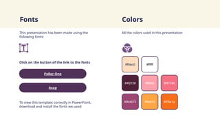 Fonts
Click on the button of the link to the fonts
#ffdec0
All the colors used in this presentation
#ffffff
#4f2138 #ff9fab
#9b4673 #ffa643
#f47184
This presentation has been made using the
following fonts:
Poller One
Asap
To view this template correctly in PowerPoint,
download and install the fonts we used
#f76e1a
Colors
 
