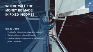 WHERE WILL THE
MONEY BE MADE
IN FIXED INCOME?
Q1 & Q2 of 2018
• Position for interest rate cuts and be patient.
• There is still good value in SA bonds.
• It will be volatile through political and external
jitters. Be patient.
 