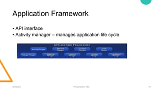 Application Framework
9/3/20XX Presentation Title 10
• API interface
• Activity manager – manages application life cycle.
 