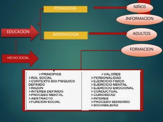 EDUCACION
HECHO SOCIAL
PEDAGOGIA
ANDRAGOGIA
NIÑOS
ADULTOS
FORMACION
INFORMACION
 