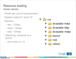 Resource loading
      Screen density
       • Pixels per unit of measurement
       • System looks for “best” fit*
       • Buckets
           – ldpi: ~120dpi
           – mdpi: ~160dpi
           – hdpi: ~240dpi
       • *Matching: everyone is a
         winner
           – first match on 1.5




      8


Tuesday, May 25, 2010
 