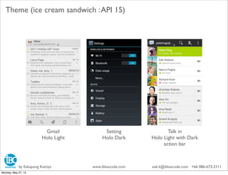 Gmail
Holo Light
Setting
Holo Dark
Talk in
Holo Light with Dark
action bar
Theme (ice cream sandwich :API 15)
by Eakapong Kattiya www.ibluecode.com eak.k@ibluecode.com +66 086-673-2111
Monday, May 27, 13
 