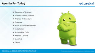 `
https://www.edureka.co/android-development-certification-courseEDUREKA ANDROID CERTIFICATION TRAINING
❖ Evolution of Android
❖ Introduction to Android
❖ Android Architecture
❖ Features
❖ What is Android Runtime?
❖ Installation
❖ Activity Life Cycle
❖ Android Layouts
❖ Manifest
❖ Demo
Agenda For Today
 
