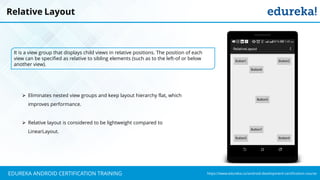 `
https://www.edureka.co/android-development-certification-courseEDUREKA ANDROID CERTIFICATION TRAINING
Relative Layout
It is a view group that displays child views in relative positions. The position of each
view can be specified as relative to sibling elements (such as to the left-of or below
another view).
➢ Eliminates nested view groups and keep layout hierarchy flat, which
improves performance.
➢ Relative layout is considered to be lightweight compared to
LinearLayout.
 