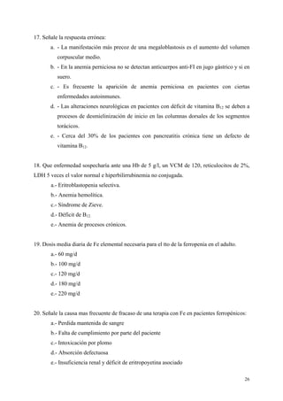 26
17. Señale la respuesta errónea:
a. - La manifestación más precoz de una megaloblastosis es el aumento del volumen
corpuscular medio.
b. - En la anemia perniciosa no se detectan anticuerpos anti-FI en jugo gástrico y si en
suero.
c. - Es frecuente la aparición de anemia perniciosa en pacientes con ciertas
enfermedades autoinmunes.
d. - Las alteraciones neurológicas en pacientes con déficit de vitamina B12 se deben a
procesos de desmielinización de inicio en las columnas dorsales de los segmentos
torácicos.
e. - Cerca del 30% de los pacientes con pancreatitis crónica tiene un defecto de
vitamina B12.
18. Que enfermedad sospecharía ante una Hb de 5 g/l, un VCM de 120, reticulocitos de 2%,
LDH 5 veces el valor normal e hiperbilirrubinemia no conjugada.
a.- Eritroblastopenia selectiva.
b.- Anemia hemolítica.
c.- Síndrome de Zieve.
d.- Déficit de B12.
e.- Anemia de procesos crónicos.
19. Dosis media diaria de Fe elemental necesaria para el tto de la ferropenia en el adulto.
a.- 60 mg/d
b.- 100 mg/d
c.- 120 mg/d
d.- 180 mg/d
e.- 220 mg/d
20. Señale la causa mas frecuente de fracaso de una terapia con Fe en pacientes ferropénicos:
a.- Perdida mantenida de sangre
b.- Falta de cumplimiento por parte del paciente
c.- Intoxicación por plomo
d.- Absorción defectuosa
e.- Insuficiencia renal y déficit de eritropoyetina asociado
 