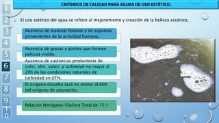 1
2
3
4
5
6
7
8
9
1
0
CRITERIOS DE CALIDAD PARA AGUAS DE USO ESTÉTICO.
El uso estético del agua se refiere al mejoramiento y creación de la belleza escénica.
Ausencia de material flotante y de espumas
provenientes de la actividad humana.
Ausencia de grasas y aceites que formen
película visible.
Ausencia de sustancias productoras de
color, olor, sabor, y turbiedad no mayor al
20% de las condiciones naturales de
turbiedad en UTN.
El oxígeno disuelto será no menor al 60%
del oxígeno de saturación.
Relación Nitrógeno-Fósforo Total de 15:1
 