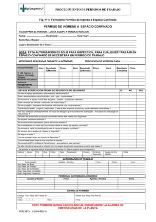 PROCEDIMIENTO DE PERMISOS DE TRABAJO


                                        Fig. Nº 4 Formulario Permiso de Ingreso a Espacio Confinado

                                                 PERMISO DE INGRESO A ESPACIO CONFINADO
  VALIDO PARA EL PERIODO , LUGAR, EQUIPO Y TRABAJO INDICADO
  Fecha : .................................Hora Inicial : .............................. Hora Final : ................................................................................
  Sector/Area /Equipo :………………………………………………………………………………………………………………………...
  .........................................................................................................................................................................................................
  Lugar y Descripción de la Tarea :................................................................................................................................................
  ..........................................................................................................................................................................................................
  ........................................................................................................................................................................................................
  NOTA: ESTA AUTORIZACIÓN ES SOLO PARA INSPECCION, PARA CUALQUIER TRABAJO EN
  ESPACIO CONFINADO SE NECESITARA UN PERMISO DE TRABAJO

  MEDICIONES REALIZADAS DURANTE LA ACTIVIDAD                                                                         FRECUENCIA DE MEDICION CADA : ……..................


Ensayo Realizado                       Hora         Resultado                 Firma               Hora      Resultado               Firma                    Hora               Resultado             Firma
                                                    1) Muestra                                              2) Muestra                                                          3) muestra
% LEL Ingreso a
Espacio Confinado
Oxigeno
Monóxido de Carbono
Sulfuro de
Hidrogeno(PPM)
Carga térmica
LISTA DE VERIFICACIÓN PREVIA DE REQUISITOS DE SEGURIDAD                                                                                                                                SI             NO       N/A
Ha sido el equipo identificado y desconectado eléctricamente ?
Están desconectados todos los fluidos , aire – gas – combustibles ?
Se encuentra el equipo o zona libre de gases - presión – sustancias calientes ?
Están cerradas las válvulas y colocadas las bridas ciegas ?
Se han purgado y bloqueado las líneas de instrumentos y de toma muestras ?
Fue el equipo lavado , purgado y vaporizado .Y esta el área limpia de productos u otros materiales combustibles ?
Han sido selladas satisfactoriamente las bocas de desagües y otras conexiones a desagües . Incluyendo las descargas de
instrumentos ?
Permiten las operaciones y equipos adyacentes realizar este trabajo con Seguridad ?
Se requiere ventilación adicional ?
Se encuentran los respiraderos, pasos de hombre abiertos ?
Se ha establecido un medio de comunicación desde el interior del espacio confinado ?
Se encuentra cartel de identificación para el ingreso al espacio confinado ?
Se requiere de un auxiliar de Higiene y Seguridad ?
Se asigno un vigía ?
Los que ingresan tienen su cinturón de Seguridad ?
Los entrantes tienen línea de vida o equipo de rescate ?
Se encuentra (ATS) Análisis de Tarea Segura , acompañando este permiso?
Ha sido instruido el personal en relación con los riesgos que puedan presentarse durante este trabajo ?
 Se requiere el siguiente equipo de protección Personal ? ( tilde el casillero que corresponda )
Cabeza    Manos        Pie     Ojos     Oídos      Cara      Respiración           Cuerpo     Arnés de                                                    Equipo de Aire                      Otros
                                                                                              Seguridad                                                   Asistido

                                                                                    AUTORIZACIÓN DE TRABAJO
        Responsables                                                        Apellido y Nombre                                            Firma                          Fecha                          Hora
Sup. Resp. del Área
Sup. Resp. del Trabajo
Sup. Resp. del Contratista
Resp. Seguridad Contratista
Resp. Seguridad Pluspetrol
                                                                            PERSONAL AUTORIZADO A INGRESO
                  Apellido y Nombre                                                  Firma                                    Apellido y Nombre                                                       Firma




                                                                                              CIERRE DE PERMISO

Entrega . Sup. Resp. Del Trabajo Sr : ...................................                           Recibe Sup. Resp. Del Área Sr: ..........................................
Firma : ...................................................................................
Fecha : ..../...../...../.....                        Hora : .........................              Firma : ...................................................................................

                           ESTE PERMISO QUEDA CANCELADO AL ESCUCHARSE LA ALARMA DE
                                           EMERGENCIAS DE LA PLANTA
  FOR.SEG-11-2004-REV.0
 