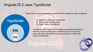 AngularJS 2 uses TypeScript
TypeScript is a typed superset of JavaScript that compiles to plain JavaScript.
1. Starts and ends with JavaScripts
2. Strong tools for large Apps
3. State of the art JavaScript
TypeScript offers support for the latest and evolving JavaScript
features, including those from ECMAScript 2015 and future
proposals, like async functions and decorators, to help build
robust components.
 