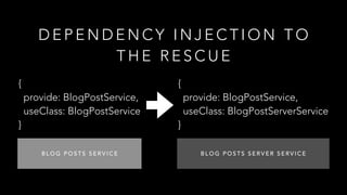D E P E N D E N C Y I N J E C T I O N T O
T H E R E S C U E
B L O G P O S T S S E R V I C E B L O G P O S T S S E R V E R S E R V I C E
{
provide: BlogPostService,
useClass: BlogPostService
}
{
provide: BlogPostService,
useClass: BlogPostServerService
}
 