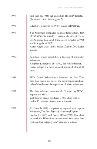 191
MILESTONES OF ANIMATION
1977 Priit Pärn (b. 1946) debuts with Is the Earth Round?
(Kas maakera on ümmargune?).
1978 Zdenko Gašparovis (b. 1937) makes Satiemania.
1979 Yuri Norshtein completes his most famous film, Tale
of Tales (Skazka skazok). It receives the title of Great-
est Animated Film of all Time in Los Angeles in 1984
and in Zagreb in 2002.
Zlatko Grgis (1931–1988) makes Dream Doll(Lutka
snova).
1980 Lucasfilm studio establishes a division of computer
animation.
Zbigniew Rybczynski (b. 1949), the Polish director,
makes Tango, the most awarded animated film of all
time.
1981 MTV (Music Television) is launched in New York
City, later becoming one of the most important chan-
nels of distribution for experimental short animation.
1982 The first animated commercial, ‘I want my MTV’,
appears on MTV.
Walt Disney studio produces Tron, a film that in-
cludes 15 minutes of computer animation.
1985 Jiší Barta (b. 1948) completes an expressionist puppet
animation, The Pied Piper of Hamelin (Krysau).
Sayoko (b. 1945) and Renzo (1936–1997) Kinoshita
establish the Hiroshima International Animation Fes-
tival, another ‘category one’ animation festival.
 