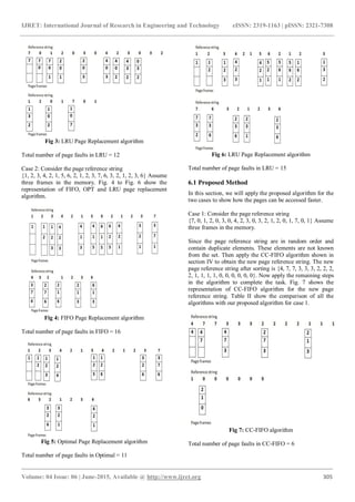 IJRET: International Journal of Research in Engineering and Technology eISSN: 2319-1163 | pISSN: 2321-7308
_______________________________________________________________________________________
Volume: 04 Issue: 06 | June-2015, Available @ http://www.ijret.org 305
Fig 3: LRU Page Replacement algorithm
Total number of page faults in LRU = 12
Case 2: Consider the page reference string
{1, 2, 3, 4, 2, 1, 5, 6, 2, 1, 2, 3, 7, 6, 3, 2, 1, 2, 3, 6} Assume
three frames in the memory. Fig. 4 to Fig. 6 show the
representation of FIFO, OPT and LRU page replacement
algorithm.
Fig 4: FIFO Page Replacement algorithm
Total number of page faults in FIFO = 16
Fig 5: Optimal Page Replacement algorithm
Total number of page faults in Optimal = 11
Fig 6: LRU Page Replacement algorithm
Total number of page faults in LRU = 15
6.1 Proposed Method
In this section, we will apply the proposed algorithm for the
two cases to show how the pages can be accessed faster.
Case 1: Consider the page reference string
{7, 0, 1, 2, 0, 3, 0, 4, 2, 3, 0, 3, 2, 1, 2, 0, 1, 7, 0, 1} Assume
three frames in the memory.
Since the page reference string are in random order and
contain duplicate elements. These elements are not known
from the set. Then apply the CC-FIFO algorithm shown in
section IV to obtain the new page reference string. The new
page reference string after sorting is {4, 7, 7, 3, 3, 3, 2, 2, 2,
2, 1, 1, 1, 1, 0, 0, 0, 0, 0, 0}. Now apply the remaining steps
in the algorithm to complete the task. Fig. 7 shows the
representation of CC-FIFO algorithm for the new page
reference string. Table II show the comparison of all the
algorithms with our proposed algorithm for case 1.
Fig 7: CC-FIFO algorithm
Total number of page faults in CC-FIFO = 6
 