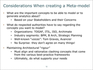 Considerations When creating a Meta-model 
• Think about what are the important concepts to be able to 
model or to generate analytics about? 
• Is based on your Stakeholders and their Concerns 
• Avoid going maverick: what do respected authorities have to 
say regarding the concepts you want to model? For example: 
• Organizations: TOGAF, ITIL, ISO, Archimate 
• Industry segments: BPM, B Arch, Strategic Planning 
• Well-known “voices”: Tom Graves, Avancier 
• No Surprise: they don’t agree on many things! 
• Maintain Architectural “rigour” (i.e., conceptual clarity) 
• You will likely merge concepts from more than 1 
framework: you must align and rationalize concepts (for 
example, “Service” in ITIL vs TOGAF) 
• Good analytics is impossible without architectural rigour 
• Ultimately, do what addresses your organization’s needs 
12 
 