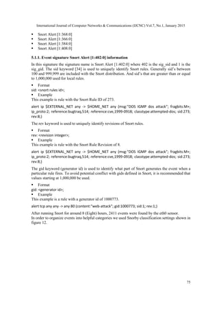 International Journal of Computer Networks & Communications (IJCNC) Vol.7, No.1, January 2015
75
 Snort Alert [1:368:0]
 Snort Alert [1:366:0]
 Snort Alert [1:384:0]
 Snort Alert [1:408:0]
5.1.1. Event signature Snort Alert [1:402:0] information
In this signature the signature name is Snort Alert [1:402:0] where 402 is the sig_sid and 1 is the
sig_gid. The sid keyword [34] is used to uniquely identify Snort rules. Generally sid‟s between
100 and 999,999 are included with the Snort distribution. And sid‟s that are greater than or equal
to 1,000,000 used for local rules.
 Format
sid: <snort rules id>;
 Example
This example is rule with the Snort Rule ID of 273.
alert ip $EXTERNAL_NET any -> $HOME_NET any (msg:"DOS IGMP dos attack"; fragbits:M+;
ip_proto:2; reference:bugtraq,514; reference:cve,1999-0918; classtype:attempted-dos; sid:273;
rev:8;)
The rev keyword is used to uniquely identify revisions of Snort rules.
 Format
rev: <revision integer>;
 Example
This example is rule with the Snort Rule Revision of 8.
alert ip $EXTERNAL_NET any -> $HOME_NET any (msg:"DOS IGMP dos attack"; fragbits:M+;
ip_proto:2; reference:bugtraq,514; reference:cve,1999-0918; classtype:attempted-dos; sid:273;
rev:8;)
The gid keyword (generator id) is used to identify what part of Snort generates the event when a
particular rule fires. To avoid potential conflict with gids defined in Snort, it is recommended that
values starting at 1,000,000 be used.
 Format
gid: <generator id>;
 Example
This example is a rule with a generator id of 1000773.
alert tcp any any -> any 80 (content:"web-attack"; gid:1000773; sid:1; rev:1;)
After running Snort for around 8 (Eight) hours, 2411 events were found by the eth0 sensor.
In order to organize events into helpful categories we used Snorby classification settings shown in
figure 12.
 
