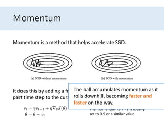Momentum
Momentum is a method that helps accelerate SGD.
It does this by adding a fraction 𝛾 of the update vector of the
past time step to the current update vector
The momentum term 𝛾 is usually
set to 0.9 or a similar value.
The ball accumulates momentum as it
rolls downhill, becoming faster and
faster on the way.
 