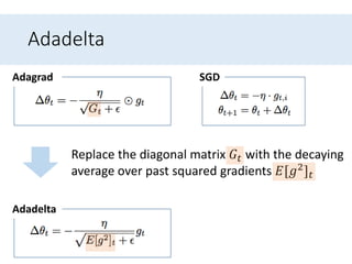 Adadelta
SGDAdagrad
Adadelta
Replace the diagonal matrix 𝐺𝑡 with the decaying
average over past squared gradients 𝐸[𝑔2] 𝑡
 