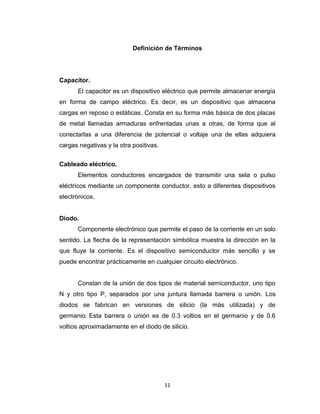 11
Definición de Términos
Capacitor.
El capacitor es un dispositivo eléctrico que permite almacenar energía
en forma de campo eléctrico. Es decir, es un dispositivo que almacena
cargas en reposo o estáticas. Consta en su forma más básica de dos placas
de metal llamadas armaduras enfrentadas unas a otras, de forma que al
conectarlas a una diferencia de potencial o voltaje una de ellas adquiera
cargas negativas y la otra positivas.
Cableado eléctrico.
Elementos conductores encargados de transmitir una sela o pulso
eléctricos mediante un componente conductor, esto a diferentes dispositivos
electrónicos.
Diodo.
Componente electrónico que permite el paso de la corriente en un solo
sentido. La flecha de la representación simbólica muestra la dirección en la
que fluye la corriente. Es el dispositivo semiconductor más sencillo y se
puede encontrar prácticamente en cualquier circuito electrónico.
Constan de la unión de dos tipos de material semiconductor, uno tipo
N y otro tipo P, separados por una juntura llamada barrera o unión. Los
diodos se fabrican en versiones de silicio (la más utilizada) y de
germanio. Esta barrera o unión es de 0.3 voltios en el germanio y de 0.6
voltios aproximadamente en el diodo de silicio.
 