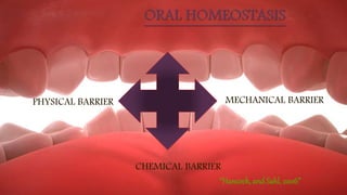 ORAL HOMEOSTASIS
MECHANICAL BARRIERPHYSICAL BARRIER
CHEMICAL BARRIER
“Hancock, and Sahl, 2006”
 