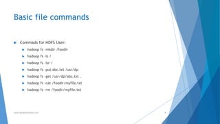 Basic file commands 
 Commads for HDFS User: 
 hadoop fs -mkdir /foodir 
 hadoop fs –ls / 
 hadoop fs –lsr / 
 hadoop fs –put abc.txt /usr/dp 
 hadoop fs –get /usr/dp/abc.txt . 
 hadoop fs -cat /foodir/myfile.txt 
 hadoop fs -rm /foodir/myfile.txt 
www.designpathshala.com 4 
 