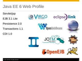 Java EE 6 Web Profile
Servlet/jsp
EJB 3.1 Lite
Persistence 2.0
Transactions 1.1
CDI 1.0




© 2011 SAP AG. All rights reserved.
                                      14
 