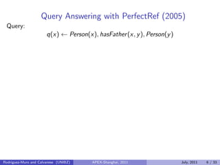 Query Answering with PerfectRef (2005)
Query:
q(x) ← Person(x), hasFather(x, y), Person(y)
Rodriguez-Muro and Calvanese (UNIBZ) APEX-Shanghai, 2011 July, 2011 6 / 33
 