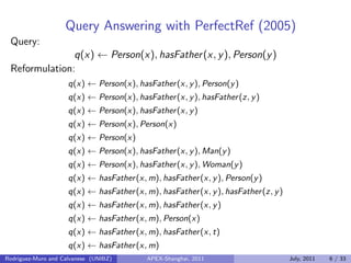 Query Answering with PerfectRef (2005)
Query:
q(x) ← Person(x), hasFather(x, y), Person(y)
Reformulation:
q(x) ← Person(x), hasFather(x, y), Person(y)
q(x) ← Person(x), hasFather(x, y), hasFather(z, y)
q(x) ← Person(x), hasFather(x, y)
q(x) ← Person(x), Person(x)
q(x) ← Person(x)
q(x) ← Person(x), hasFather(x, y), Man(y)
q(x) ← Person(x), hasFather(x, y), Woman(y)
q(x) ← hasFather(x, m), hasFather(x, y), Person(y)
q(x) ← hasFather(x, m), hasFather(x, y), hasFather(z, y)
q(x) ← hasFather(x, m), hasFather(x, y)
q(x) ← hasFather(x, m), Person(x)
q(x) ← hasFather(x, m), hasFather(x, t)
q(x) ← hasFather(x, m)
q(x) ← hasFather(x, m), hasFather(x, y), Man(y)Rodriguez-Muro and Calvanese (UNIBZ) APEX-Shanghai, 2011 July, 2011 6 / 33
 