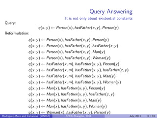 Query Answering
It is not only about existential constants
Query:
q(x, y) ← Person(x), hasFather(x, y), Person(y)
Reformulation:
q(x, y) ← Person(x), hasFather(x, y), Person(y)
q(x, y) ← Person(x), hasFather(x, y), hasFather(z, y)
q(x, y) ← Person(x), hasFather(x, y), Man(y)
q(x, y) ← Person(x), hasFather(x, y), Woman(y)
q(x, y) ← hasFather(x, m), hasFather(x, y), Person(y)
q(x, y) ← hasFather(x, m), hasFather(x, y), hasFather(z, y)
q(x, y) ← hasFather(x, m), hasFather(x, y), Man(y)
q(x, y) ← hasFather(x, m), hasFather(x, y), Woman(y)
q(x, y) ← Man(x), hasFather(x, y), Person(y)
q(x, y) ← Man(x), hasFather(x, y), hasFather(z, y)
q(x, y) ← Man(x), hasFather(x, y), Man(y)
q(x, y) ← Man(x), hasFather(x, y), Woman(y)
q(x, y) ← Woman(x), hasFather(x, y), Person(y)
Rodriguez-Muro and Calvanese (UNIBZ) APEX-Shanghai, 2011 July, 2011 9 / 33
 