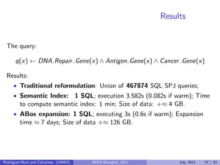 Results
The query:
q(x) ← DNA Repair Gene(x) ∧ Antigen Gene(x) ∧ Cancer Gene(x)
Results:
• Traditional reformulation: Union of 467874 SQL SPJ queries;
• Semantic Index: 1 SQL; execution 3.582s (0.082s if warm); Time
to compute semantic index: 1 min; Size of data: +≈ 4 GB.
• ABox expansion: 1 SQL; executing 3s (0.6s if warm); Expansion
time ≈ 7 days; Size of data +≈ 126 GB.
Rodriguez-Muro and Calvanese (UNIBZ) APEX-Shanghai, 2011 July, 2011 27 / 33
 