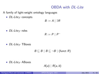 OBDA with DL-Lite
A family of light-weight ontology languages
• DL-LiteF concepts
B := A | ∃R
• DL-LiteF roles
R := P | P−
• DL-LiteF TBoxes
B B | B ¬B | (funct R)
• DL-LiteF ABoxes
A(a) | R(a, b)
Rodriguez-Muro and Calvanese (UNIBZ) APEX-Shanghai, 2011 July, 2011 4 / 33
 