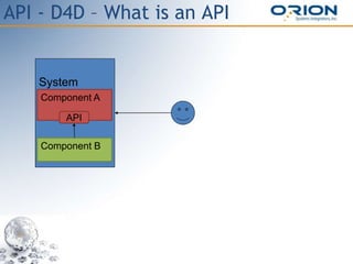 API - D4D – What is an API
System
Component B
Component A
API
 