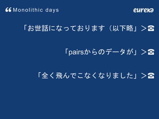 「お世話になっております（以下略」＞☎
「pairsからのデータが」＞☎
「全く飛んでこなくなりました」＞☎
Monolithic days
 