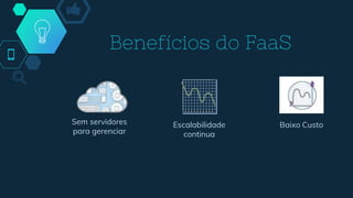 Benefícios do FaaS
Sem servidores
para gerenciar
Escalabilidade
continua
Baixo Custo
 