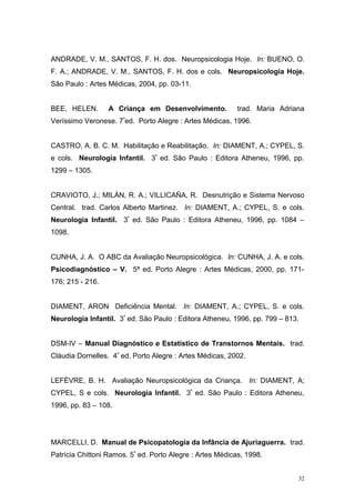 ANDRADE, V. M., SANTOS, F. H. dos. Neuropsicologia Hoje. In: BUENO, O.
F. A.; ANDRADE, V. M., SANTOS, F. H. dos e cols. Neuropsicologia Hoje.
São Paulo : Artes Médicas, 2004, pp. 03-11.
BEE, HELEN. A Criança em Desenvolvimento. trad. Maria Adriana
Veríssimo Veronese. 7ª
ed. Porto Alegre : Artes Médicas, 1996.
CASTRO, A. B. C. M. Habilitação e Reabilitação. In: DIAMENT, A.; CYPEL, S.
e cols. Neurologia Infantil. 3ª
ed. São Paulo : Editora Atheneu, 1996, pp.
1299 – 1305.
CRAVIOTO, J.; MILÁN, R. A.; VILLICAÑA, R. Desnutrição e Sistema Nervoso
Central. trad. Carlos Alberto Martinez. In: DIAMENT, A.; CYPEL, S. e cols.
Neurologia Infantil. 3ª
ed. São Paulo : Editora Atheneu, 1996, pp. 1084 –
1098.
CUNHA, J. A. O ABC da Avaliação Neuropsicológica. In: CUNHA, J. A. e cols.
Psicodiagnóstico – V. 5ª ed. Porto Alegre : Artes Médicas, 2000, pp. 171-
176; 215 - 216.
DIAMENT, ARON Deficiência Mental. In: DIAMENT, A.; CYPEL, S. e cols.
Neurologia Infantil. 3ª
ed. São Paulo : Editora Atheneu, 1996, pp. 799 – 813.
DSM-IV – Manual Diagnóstico e Estatístico de Transtornos Mentais. trad.
Cláudia Dornelles. 4ª
ed. Porto Alegre : Artes Médicas, 2002.
LEFÈVRE, B. H. Avaliação Neuropsicológica da Criança. In: DIAMENT, A;
CYPEL, S e cols. Neurologia Infantil. 3ª
ed. São Paulo : Editora Atheneu,
1996, pp. 83 – 108.
MARCELLI, D. Manual de Psicopatologia da Infância de Ajuriaguerra. trad.
Patrícia Chittoni Ramos. 5ª
ed. Porto Alegre : Artes Médicas, 1998.
32
 