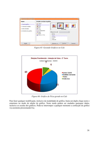 Para fazer qualquer modificação, inclusive da modalidade do gráfico, basta um duplo clique neste e
estaremos no modo de edição do gráfico. Neste modo podem ser mudados quaisquer dados,
inclusive as escalas dos gráficos. Pode-se interromper a qualquer momento a confecção do gráfico
via assistente pressionando Esc.
58
Figura 65: Gerando Gráficos no Calc
Figura 66: Gráfico de Pizza gerado no Calc
 