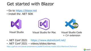 Get started with Blazor
• Go to https://blazor.net
• Install the .NET SDK
• .NET Conf 2021 https://www.dotnetconf.net/
• .NET Conf 2021 – videos/slides/demos
https://github.com/dotnet-presentations/dotNETConf/tree/master/2021/MainEvent/Technical
Visual Studio Visual Studio for Mac Visual Studio Code
+ C# extension
 